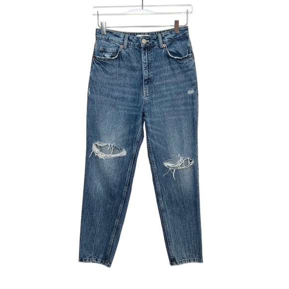 Zara Light Wash Distressed High Rise Mom Jeans Sz 6 - Picture 1 of 9